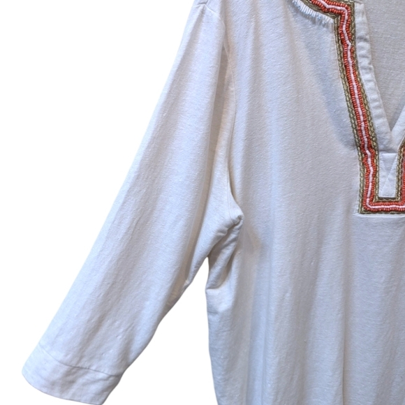 Chico's Beaded Embellished Notched Crew Neck 3/4 Sleeve White Linen Top (XL) - Picture 6 of 8